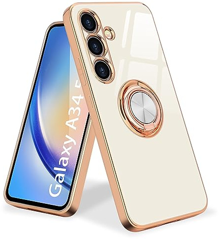 Urarssa för Samsung Galaxy A34 5G fodral ringhållare 360 graders rotation finger magnetiskt bilstativ stöttåligt telefonfodral för Samsung A34 5G, vit