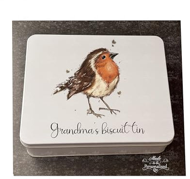 Personalised Robin biscuit tin, cookie treat tin, cake tin, family sweet tin, Christmas gift for Grandad, Grandma, Mum, Dad, unique gift for him & her (Large)