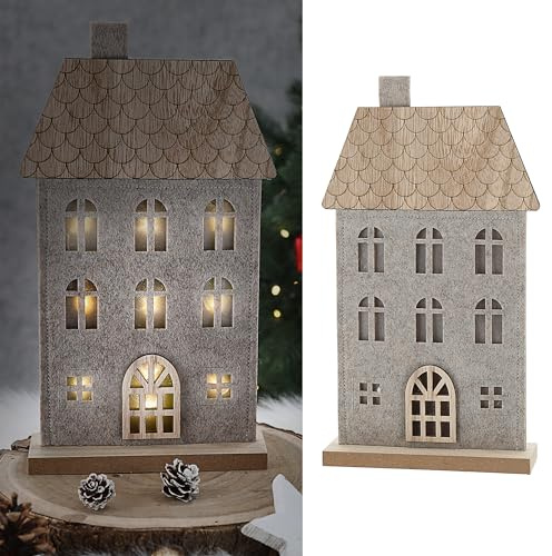 Cepewa LED Haus auf Holzfuss | Polyesterfilz MDF 17x30x5cm 9 LEDs batteriebetrieben | Leuchthaus mit Timerfunktion