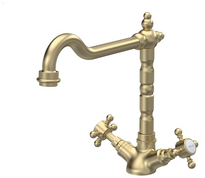 Balterley Kitchen Tap with Dual Crosshead Handles, Mono Kitchen Mixer Tap, Brushed Brass Mono Mixer Taps for Sink, French Classic Design Taps for Sink - 190 x 230 x 240mm (Brushed Brass)