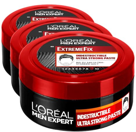 L'Oréal Men Expert Haarstyling Paste für Männer, Für auffallend kreative Styles mit bis zu 24h extrem starker Halt, Extreme Fix Indestructable Ultra Strong Paste, 1 x 75 ml (Packung mit 3)