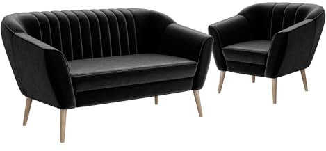 MEBLINI Mini Sofa Set 2-1 für Wohnzimmer - Mini Lounge für DREI Personen - Küchensofa - Sofa Klein - Sitzgarnitur - Polstergarnitur - Sofagarnituren - KAIA - 2+1 - Schwarz Samt