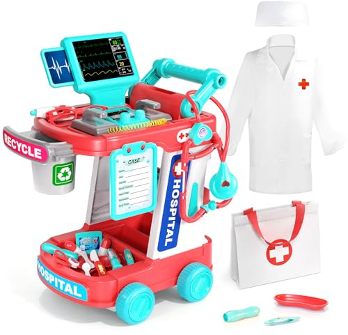 JOVOW Kit de Docteur pour Enfants, Jeu de Simulation de Docteur avec Chariot, Costume et Stéthoscope, Jouet Médical de Jeu de Rôle pour Filles, Garçons et Enfants de 3-8 Ans, Cadeaux d'anniversaire