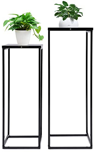 HOARLICN Moderno taburete para flores, juego de 2 unidades, metal negro, rectangular, soporte para flores, 22 x 22 x 60 cm, 25 x 25 x 70 cm, soporte para plantas, soporte para ventana, decoración del
