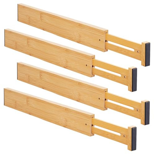 Aubeco Bamboo Drawer Organizers 4 Pack, 17-22 Adjustable Spring Loaded Dividers for Kitchen Utensils, Silverware, Clothes, Dresser, Bathroom and Office Storage