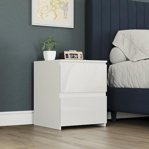 Vida Designs Glinton Stilvoller Hochglanz-Beistelltisch mit 2 Schubladen, Nachttische, Schlafzimmermöbel, 100% FSC-Zertifiziert (weiß)