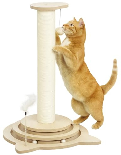 PawHut 4-in-1 Kratzstamm, 69cm Kratzsäule, Sisal-Katzenkratzbaum mit Spielball, Kratzbaum für Katzen, Katzen Kratzmöbel, Indoor, Eiche