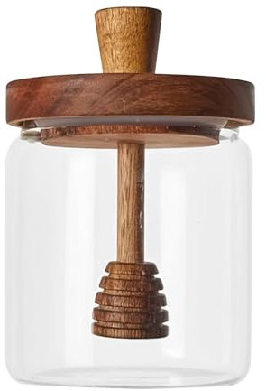 COMFOLIVING Rustic Glass Honey Jar - 500ml, 9x13cm/3.54x5.12 inches, With Dipper And Lid, Air Tight, See-Through, Easy to Clean