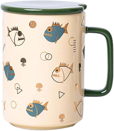 MASHNFDC Kaffeebecher 480 ml große Kaffeetasse aus Keramik mit Deckel und Löffel für Damen und Herren, mikrowellengeeignet Tassen weingläser