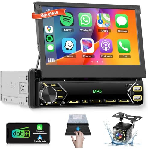 DAB/DAB+ Single Din Car Stereo with Wireless Carplay Android Auto, Hodozzy 1 Din 7 inch Flip Out Touch Screen Bluetooth Car Radio with Mirror Link/EQ/FM/USB/Type-C/AUX/Mic+ HD Rear View Camera