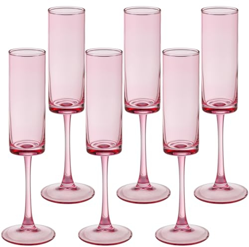 6 Pieces Pink Champagne Flutes 6 OZ Straight Sided Wine Glasses Champagne Long Stem Drinking Colored Glasses,Set of 6 Hand Blown Champagne Flutes Goblets for Wedding Cocktail Cups,Cava, Prosecco