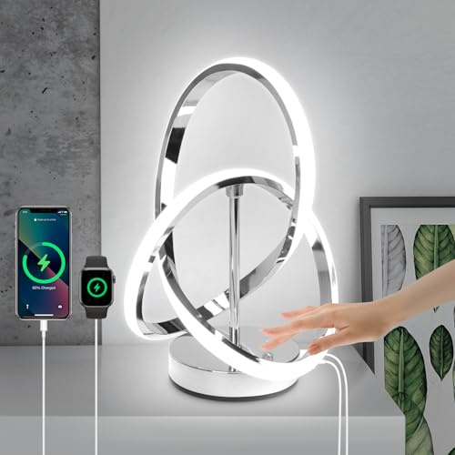 EIDISUNY Lampe de Chevet Tactile LED Moderne, 3 Températures de Couleur, intensité variable, Avec Ports USB et Ports Type-C, Lampe de Table led pour Chambre Salon Atmosphère Cadeau Veilleuse - Argent