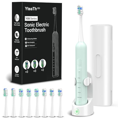 Elektrische Zahnbürste, Schallzahnbürste für Erwachsene und Kinder, Electric Toothbrush mit 5 Putzmodi 3 Intensitätsstufen Integrierter Timer und 8 Zahnbürstenköpfen, Reiseetui, Hellgrün