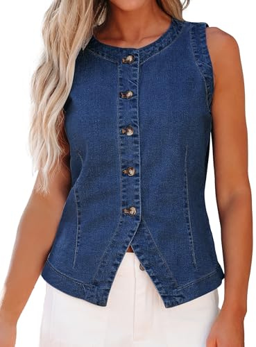 luvamia Denim Vest for Women Sleeveless Strechy Jean Vest Top Button Down Crewneck Cowgirl Vest for Women Summer Western Waistcoat Nightfall Blue Large US Size 12 Size 14