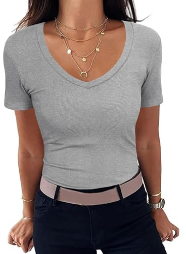 Aottori T-Shirt Damen V Ausschnitt Stretch Tee Shirts Kurzarm Basic Oberteile Eng Rippshirt Sexy Casual Tops Einfarbig Grau S