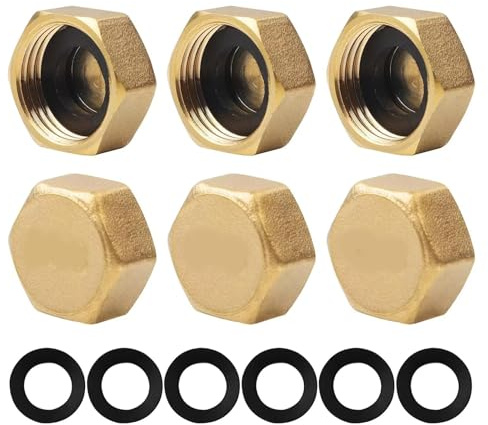 6 PCS 1/2 Inch Brass Blanking Caps - Female Thread Hex Brass Blanking Nut Cap with Gasket Plumbing Fittings for Washing Machines Radiator Valve Faucets Tap