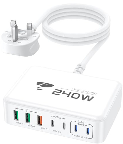USB C Charger, 240W Charging Station, 7-Port Charging Station GaN Fast USB Plug UK PD 100W Laptop Desktop Charger Support Compatible with iPhone 17/16/15, MacBook Pro/Air, Galaxy Series