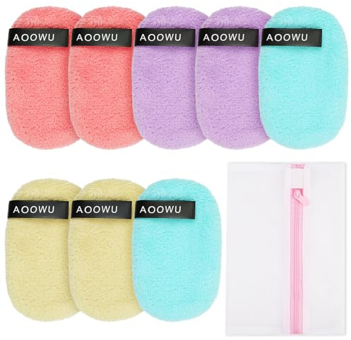 AOOWU Reusable Makeup Remover Pads and Eye Makeup Remover Pads Set, 8 Pack Face & Skin Cleaner Pads, Ultra Soft, Washable, Reusable Face Pads with Wash Bag, Makeup Remover Cloth for All Skin Types
