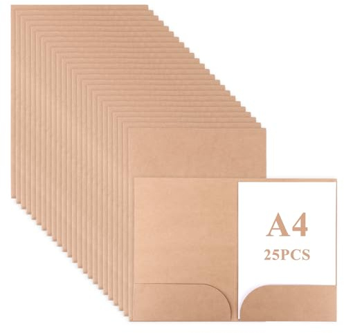 CYEER 25 stycken presentationsmapp A4, kraftpapper dokumentmapp A4-kartong med visitkortsplats, samlarmapp för skola, universitet, projekt, företag (brun)