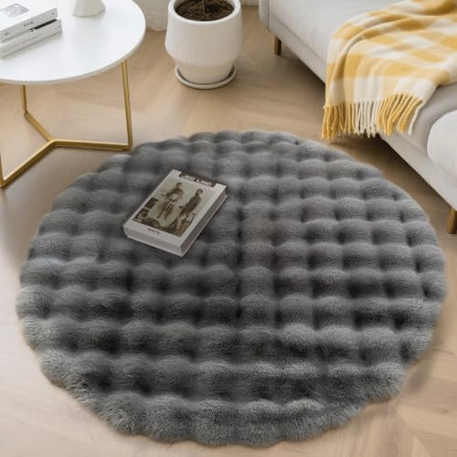Votoko Tapis Rond Salon, Tapis de Salon Epais en Fourrure Synthétique à Poils Longs 90x90cm, Lavable et Antidérapant, Confortable et Moelleux à Haute Densité pour Salon, Chambre et Descente de Lit