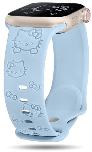 BEEXI Engraved Strap Compatible with Apple Watch Straps for Women 41/40/38/42mm, Cute Cartoon Cat Soft Silicone Sport Strap for iWatch Series 11 10 9 8 7 6 5 4 3 2 1 SE(3 2 1), Light blue