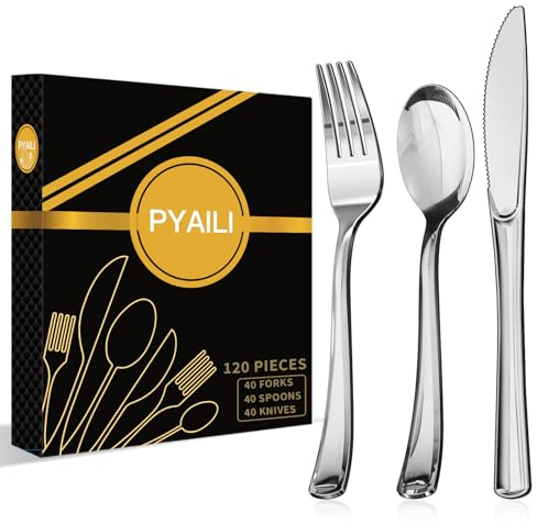 PYAILI 120 Juego de Cubiertos Reutilizables de Plástico Oro Rosa: 40 Cuchillos, 40 Tenedores y 40 Cucharas para Bodas, Cumpleaños, Fiestas y Eventos