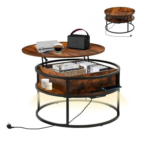 ZECIIYE Couchtisch Rund mit Hebeplatte,Runder Wohnzimmertisch mit Stauraum,Beistelltisch mit Lichtleiste und Konsolentisch,Couchtisch Höhenverstellbar für Wohnzimmer Büro,80 x 80 cm,Dunkelbraun