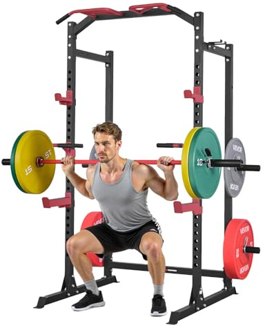 VEVOR Cage de Musculation Multifonctionnelle, Rack à Squats avec Hauteur Réglable, Station de Musculation pour Développé Couché Tractions Dips Gym Domicile, avec Crochets en J et Autres Accessoires