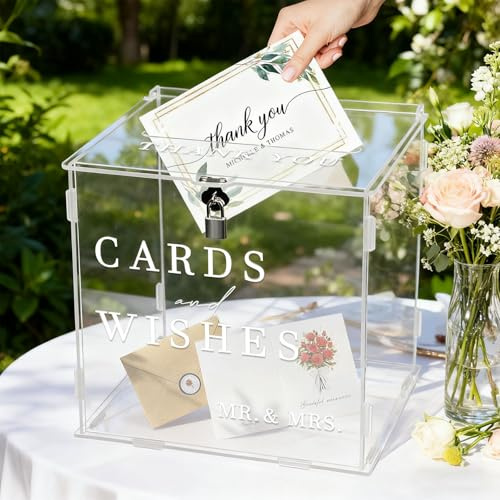 Wedding Card Box with Lock, Acrylic Gift Card Box for Wedding Reception & Party Decorations, Large Money Envelope Birthday Post Box for Reception Bridal Shower Graduation Party Birthday (Transparent)