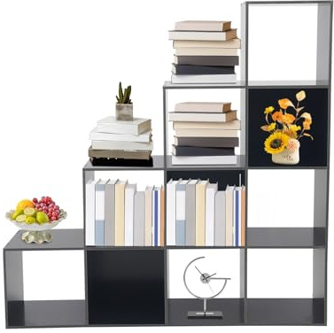 Shinpeed Estantería para escaleras, en forma de L, con 10 compartimentos, organizador de almacenamiento para salón, color negro