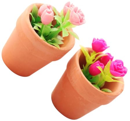 Yardwe 2pcs Miniature Dollhouse Potted Plants Set – Pink and Fuchsia Rose Artificial Greenery for Doll House Accessories, Mini Flowerpots Decoration for DIY Miniature Furniture