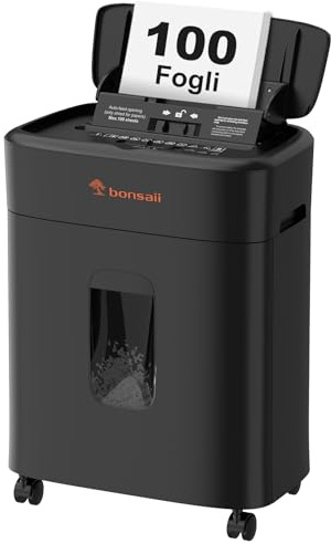 Bonsaii Distruggidocumenti, taglio micro-particellare P4, alimentazione automatica fino a 100 fogli, sistema anti-intasamento, 30 min continuo, contenitore da 16L – Per ufficio e casa, C231-D