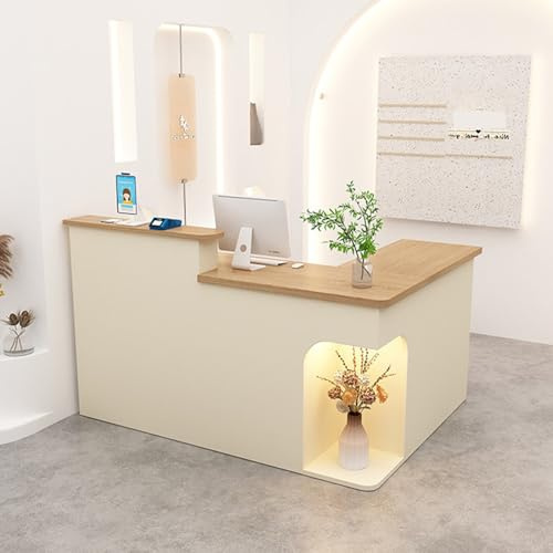 LVYWEX Mostrador de Recepción, Mesa de Mostrador con Cajones De Almacenamiento Y Estantes Abiertos, para Salones(Wood+Off-White righ,180cm)