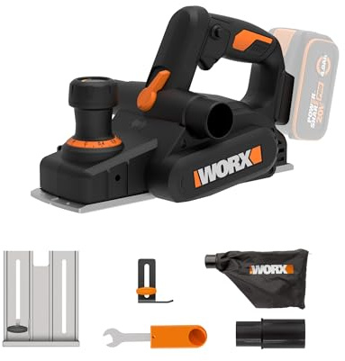 WORX Rabot sans fil 20V WX620.9, largeur de rabotage de 82 mm, profondeur de passe de 2 mm max, moteur brushless, patin de repos, conception compacte et ergonomique, livré sans batterie ni chargeur