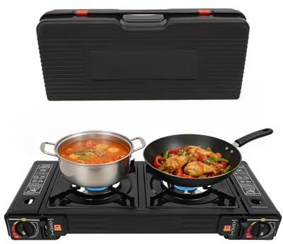 Réchaud à gaz à 2 brûleurs avec mallette de transport, réchaud à gaz de camping pour bouteille de gaz, 2500 W