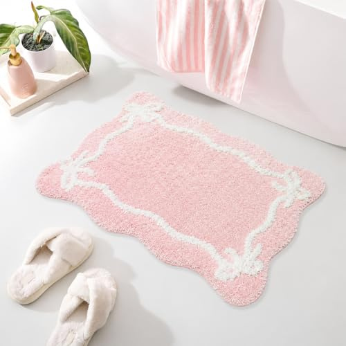 Dermalyx Badezimmerteppich Rosa Schleife, Badematte, Weicher Rutschfester Badvorleger, Absorbierender Badteppich, Waschbar, Duschteppich, Badezimmermatte, Bad Teppich 40 x 60 cm