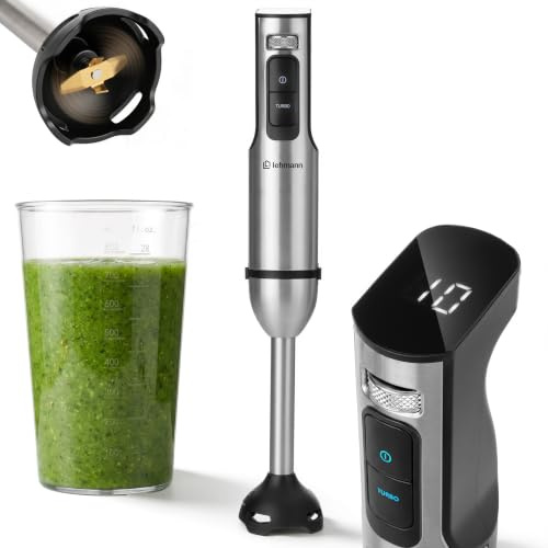 LEHMANN Mixeur plongeant 2000 W, 12 Vitesse Réglable et Fonction Turbo, Lames Inox, Nettoyage facile, Gobelet 800 ml, sans BPA, Écran Numérique Vitesse, pour Smoothies, Soupes, Purée, Dips