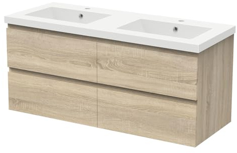 AICA Meuble Salle de Bain Mural avec Double Vasque 120cm | Meuble avec vasque en céramique,4 tiroirs,poignées invisibles,fonction soft-close,ensemble meuble lavabo mural , Décor chêne