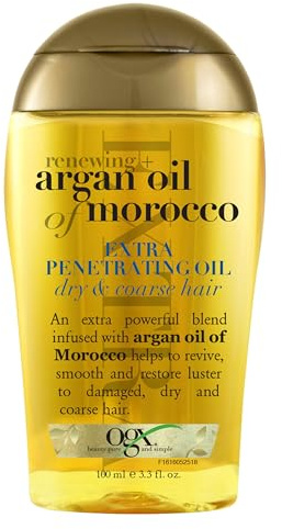 OGX Extra Strength Renewing + Argan Oil of Morocco Penetrating Hair Oil Treatment, Deep Moisturizing Serum for Dry, Damaged & Coarse Hair, Paraben-Free, Sulfated-Surfactants Free, 3.3 fl oz