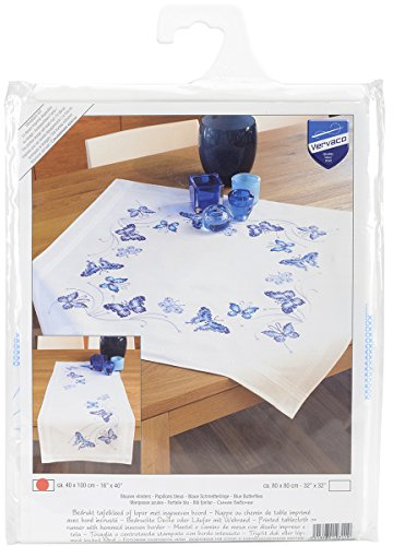 VERVACO Stickpackung Kreuzstich Set Vorgedruckt Tischläufer Blaue Schmetterlinge Stickdecken Vorgezeichnet Basteln Erwachsene Kreativ Stickläufer zum Selbersticken 40 x 100 cm Stickset