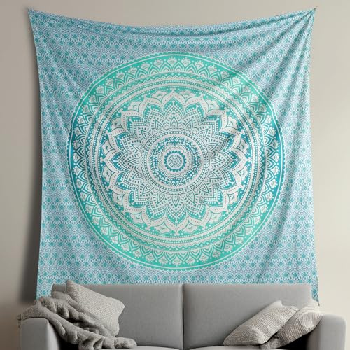 THE ART BOX Indie Wandteppich Baumwolle Mandala Wandbehang Deko Teppich Aesthetic Room Decor Dekoration Wandtuch/Strandtuch Wohnzimmer Indische Tücher Schlafzimmer, Türkis, 210x230 Cm