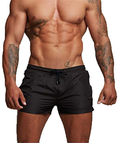 Badbyxor för män, snabbtorkande badshorts med justerbar dragsko, board shorts, badkläder för stranden, boxershorts med blixtlåsficka, B_svart, L