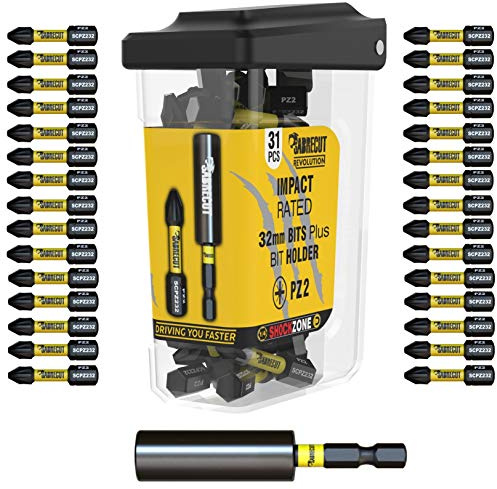 SabreCut 31pcs SCRPZ23231B 32mm PZ2 Bits & 60mm Magnetic Impact Bit Holder | Heat-treated steel, strong magnetic hold and corrosion-resistant black oxide finish provide durable high-torque use