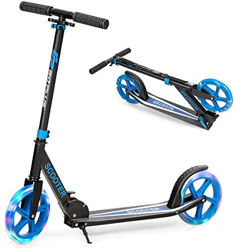 GOPLUS Scooter Kinder, Cityroller aus Aluminium bis zu 100kg, Kickscooter mit Schultergurt & LED Rädern, Tretroller klappbar & höhenverstellbar für Jungen & Mädchen ab 10 Jahren (Blau)