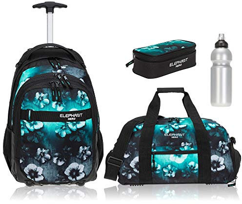 Elephant 4 Teile Set Trolley Hero Signature Schultrolley Rucksack Trolly Sporttasche Mäppchen Flasche 12800 (Türkis Flower Verlauf (Schwarz/Türkis))