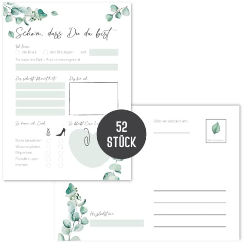 Things of Happiness 52 Postkarten-Spiel Hochzeit | Hochzeitsspiel für Gäste | Alternative Gästebuch für Hochzeit | 52 Wochen Spiel (Grün Eucalyptus)