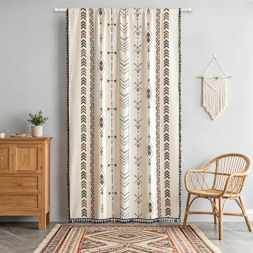 Coral Fish Tende geometriche in stile bohémien, per soggiorno, camera da letto, con tasca per bastone, con nappa, in cotone, per bambini (150 x 213 cm (larghezza x lunghezza), 1 pannello)