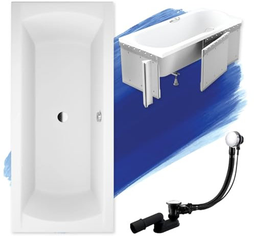 BADLAND Badewanne Original Weiß Acryl Wanne Rechteck INES 180x80 KOMPLETTSET SET mit Premium Styroporverkleidung + Füßen und Exklusive Chrom Automatik Ablaufgarnitur Made in EU 4in1