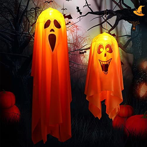 2 Stück Halloween Deko Garten Outdoor Geist Mit Led Lichtern, 90+45cm Halloween Geister Deko Hängende Anhänger Windsäcke Geistergesicht Mit Lichter Gespenster Dekoration für Party,Hof,Terrasse,Rasen