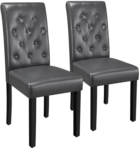 Yaheetech Faux Leather Dining Room Chairs Set of 2 with High Back, Grey | 15.5cm Thick Seat Cushion Padded Accent Kitchen Side Chairs, Button Tufted with Solid Wood Legs for Home Kitchen Dining